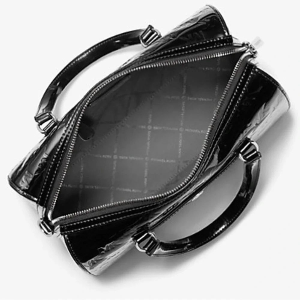MICHAEL KORS Jet Set Medium Patent Logo Debossed Duffel Crossbody Bag Silver NWT